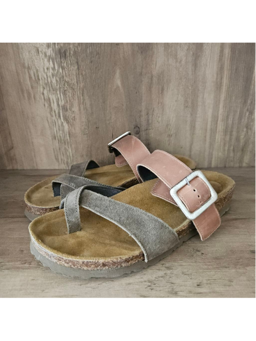 NAOT Fresno Brown Leather Olive Suede Slide On Sandals Buckle Womens US 6